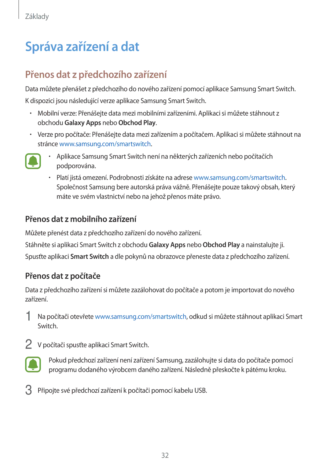 Samsung SM-T280NZKAXEZ manual Správa zařízení a dat, Přenos dat z předchozího zařízení, Přenos dat z mobilního zařízení 