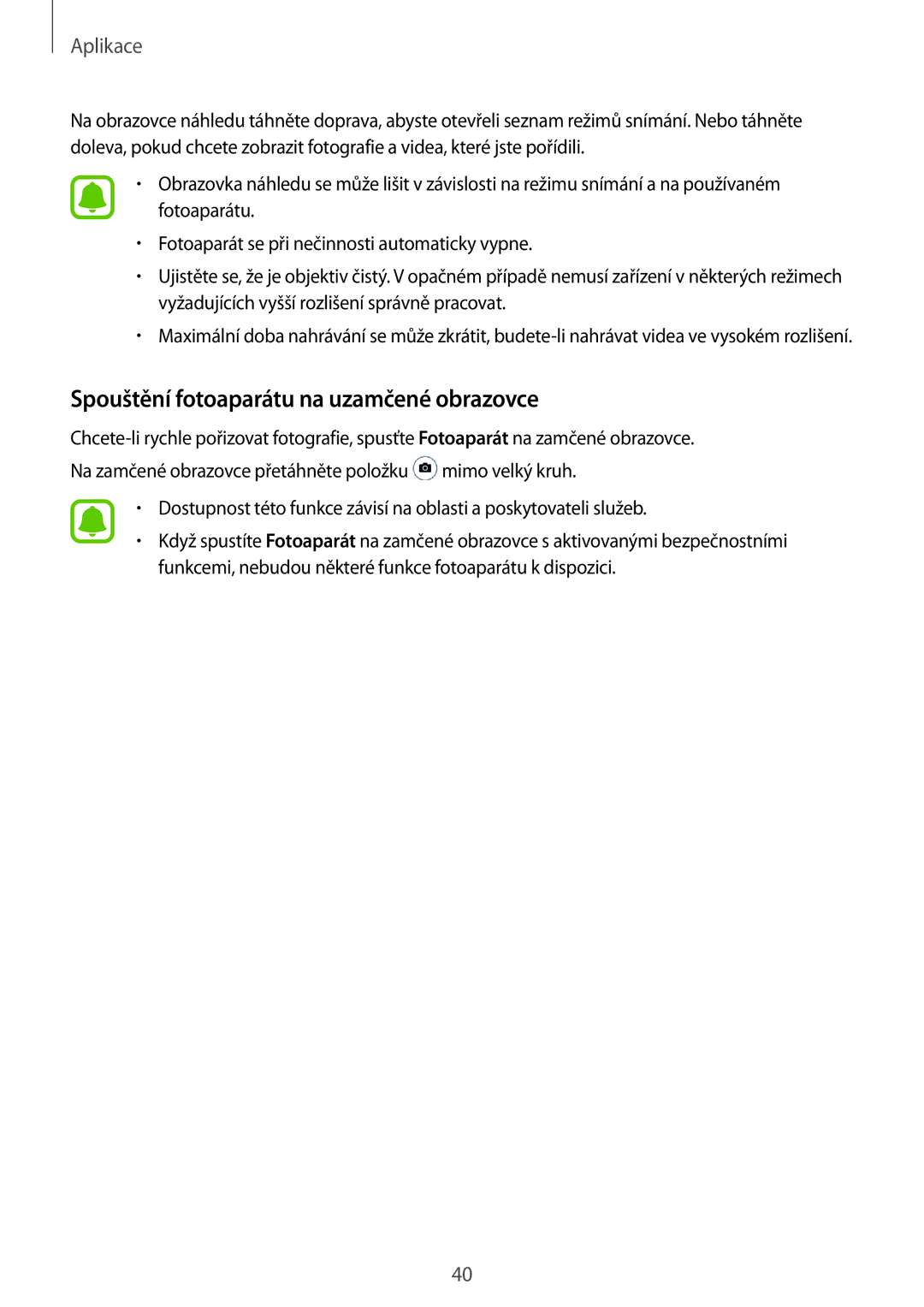 Samsung SM-T280NZKAXEZ manual Spouštění fotoaparátu na uzamčené obrazovce 