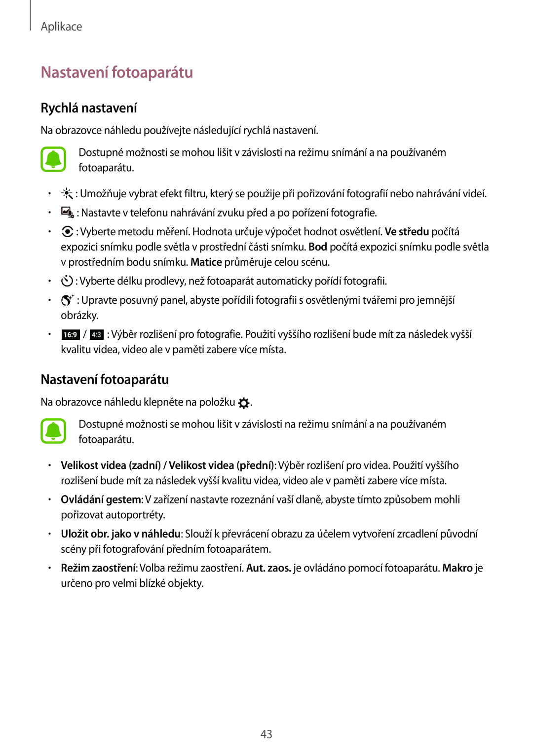 Samsung SM-T280NZKAXEZ manual Nastavení fotoaparátu, Rychlá nastavení 