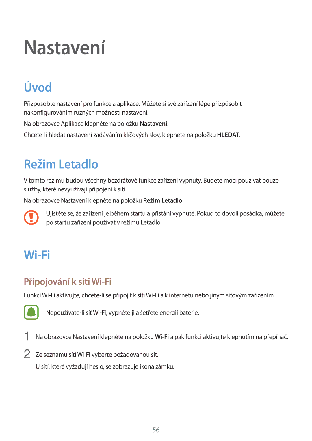 Samsung SM-T280NZKAXEZ manual Úvod, Režim Letadlo, Připojování k síti Wi-Fi 