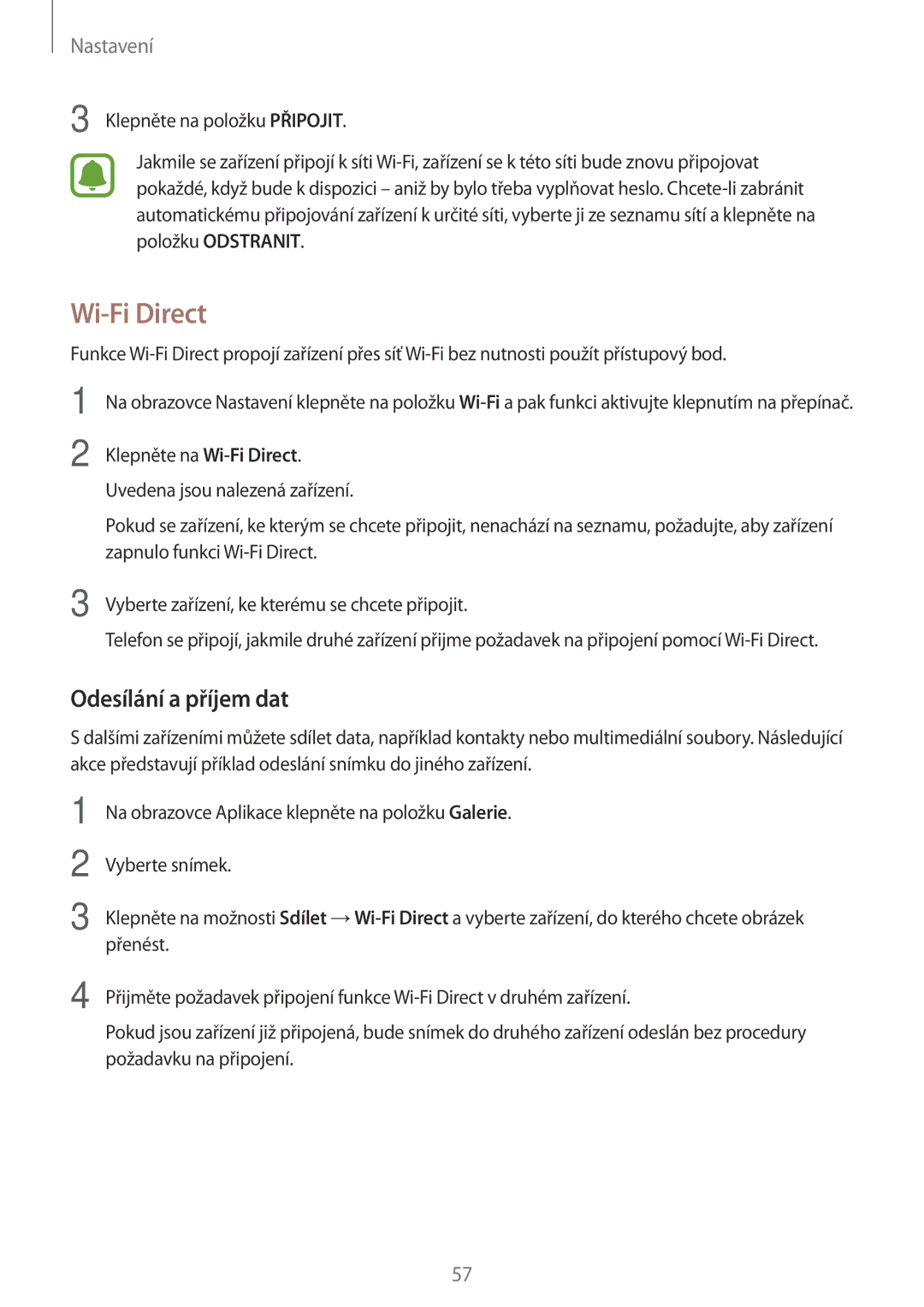Samsung SM-T280NZKAXEZ manual Wi-Fi Direct, Odesílání a příjem dat 