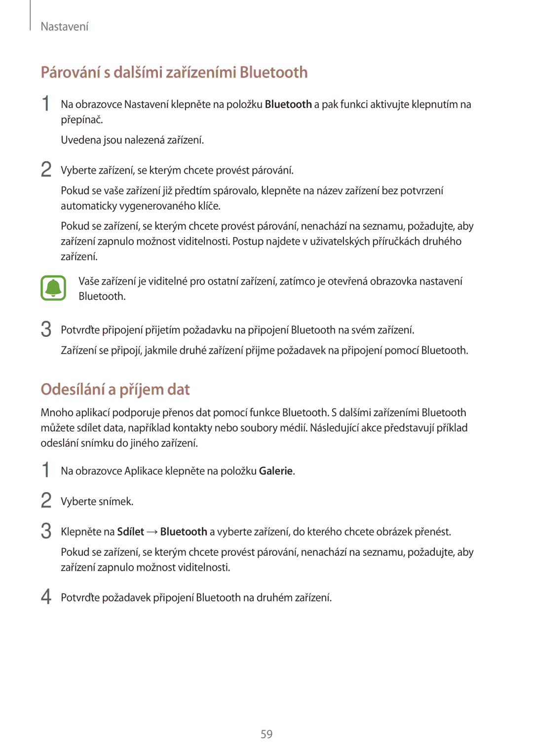 Samsung SM-T280NZKAXEZ manual Párování s dalšími zařízeními Bluetooth, Odesílání a příjem dat 