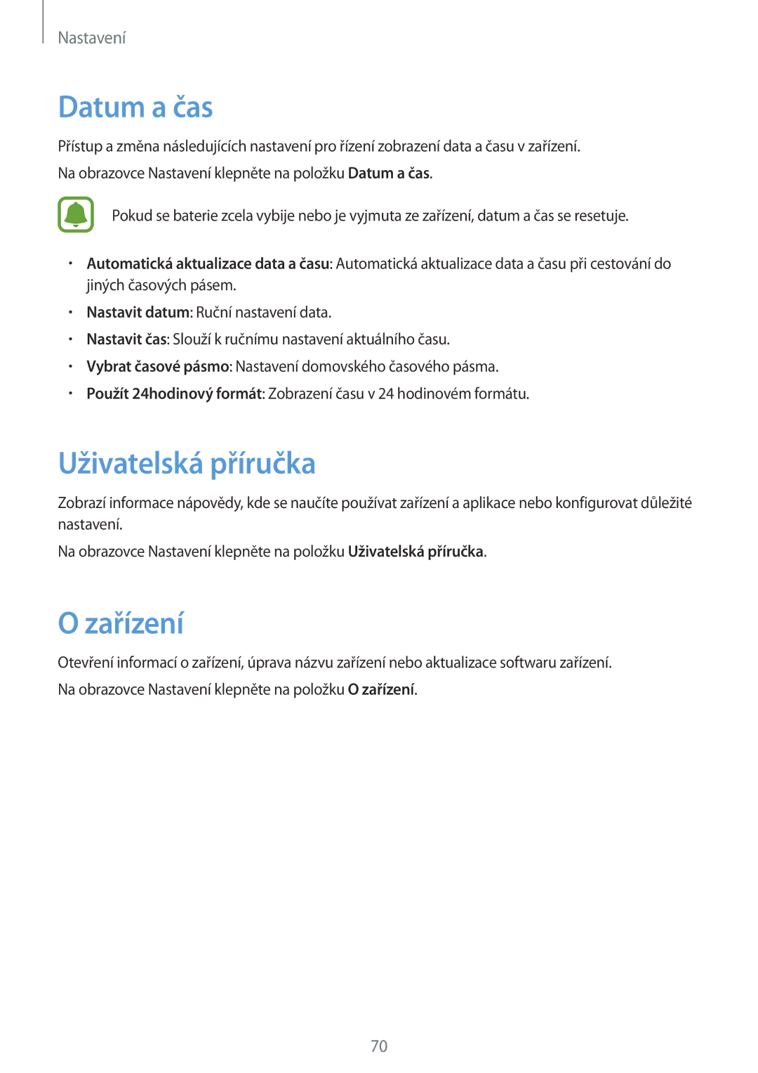 Samsung SM-T280NZKAXEZ manual Datum a čas, Uživatelská příručka, Zařízení 