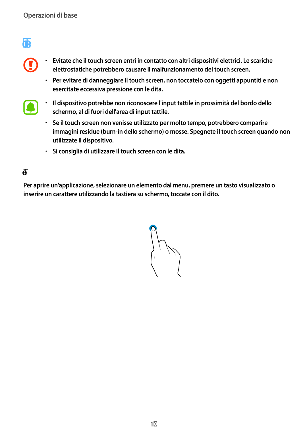 Samsung SM-T285NZKAITV manual Touch screen, Toccare 