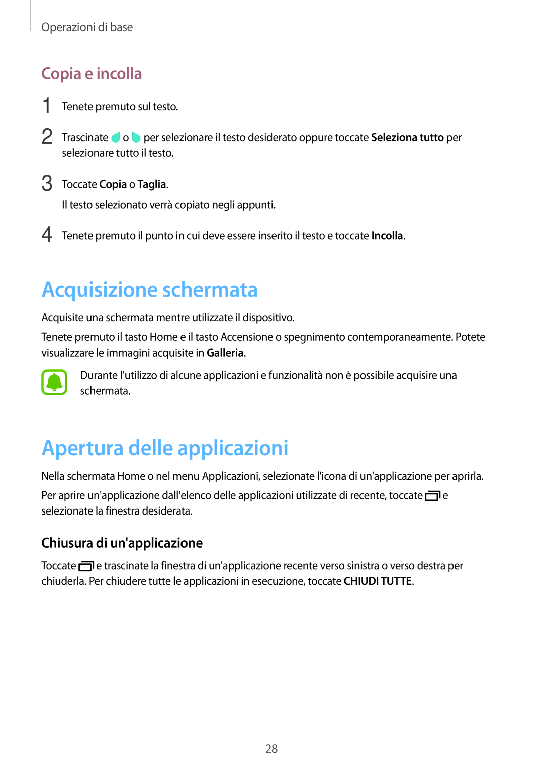 Samsung SM-T285NZKAITV Acquisizione schermata, Apertura delle applicazioni, Copia e incolla, Chiusura di unapplicazione 