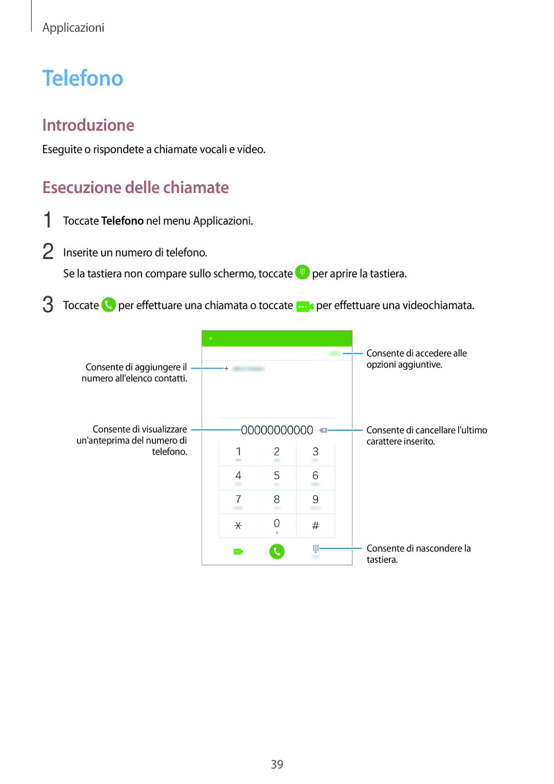 Samsung SM-T285NZKAITV manual Telefono, Esecuzione delle chiamate 