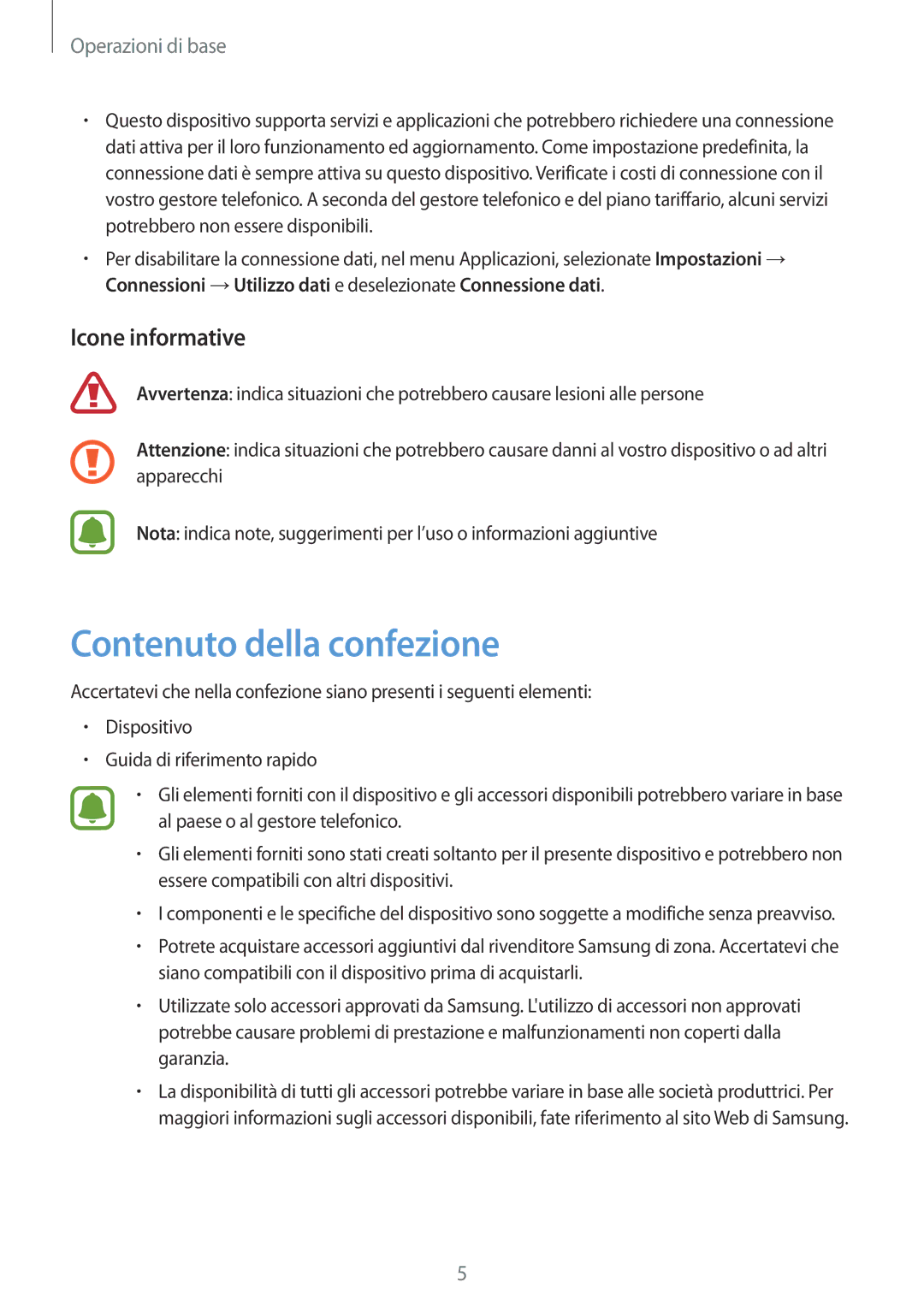 Samsung SM-T285NZKAITV manual Contenuto della confezione, Icone informative 