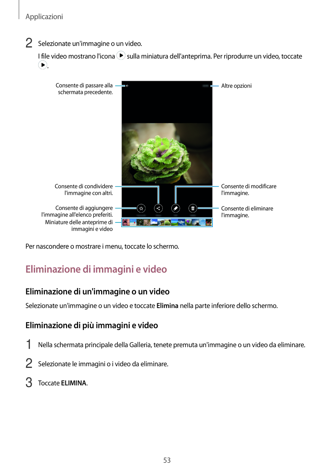 Samsung SM-T285NZKAITV manual Eliminazione di immagini e video, Eliminazione di unimmagine o un video 