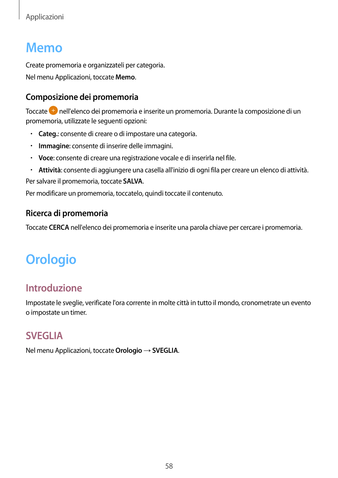 Samsung SM-T285NZKAITV manual Memo, Orologio, Composizione dei promemoria, Ricerca di promemoria 