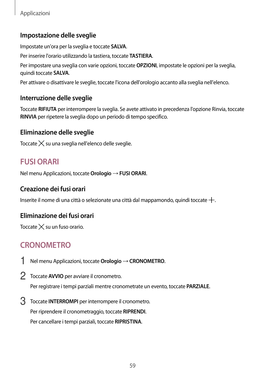 Samsung SM-T285NZKAITV manual Impostazione delle sveglie, Interruzione delle sveglie, Eliminazione delle sveglie 