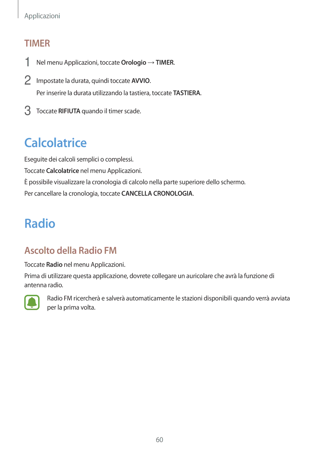 Samsung SM-T285NZKAITV manual Calcolatrice, Ascolto della Radio FM 