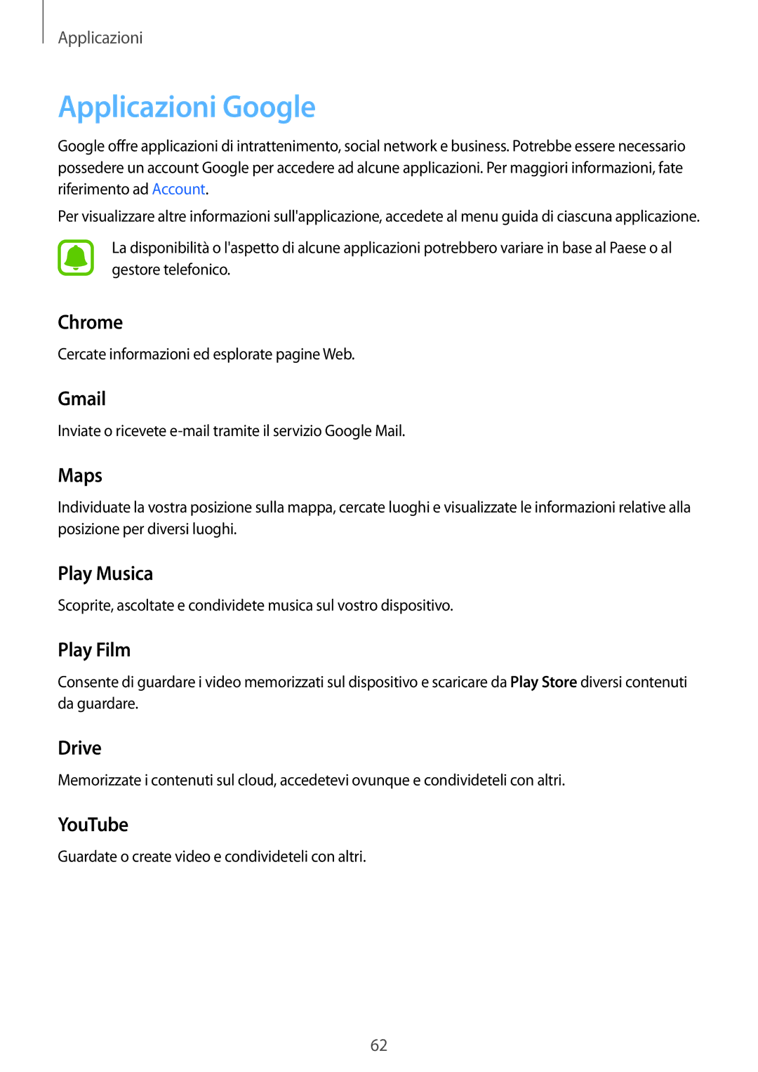 Samsung SM-T285NZKAITV manual Applicazioni Google 