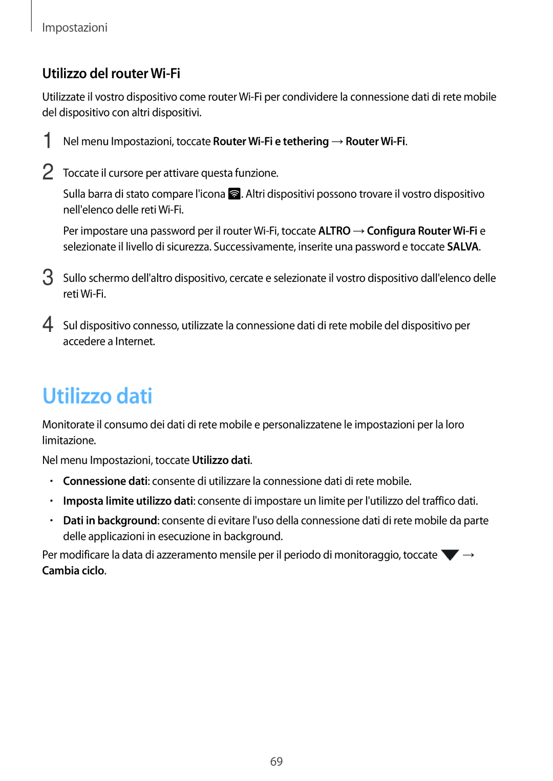 Samsung SM-T285NZKAITV manual Utilizzo dati, Utilizzo del router Wi-Fi 