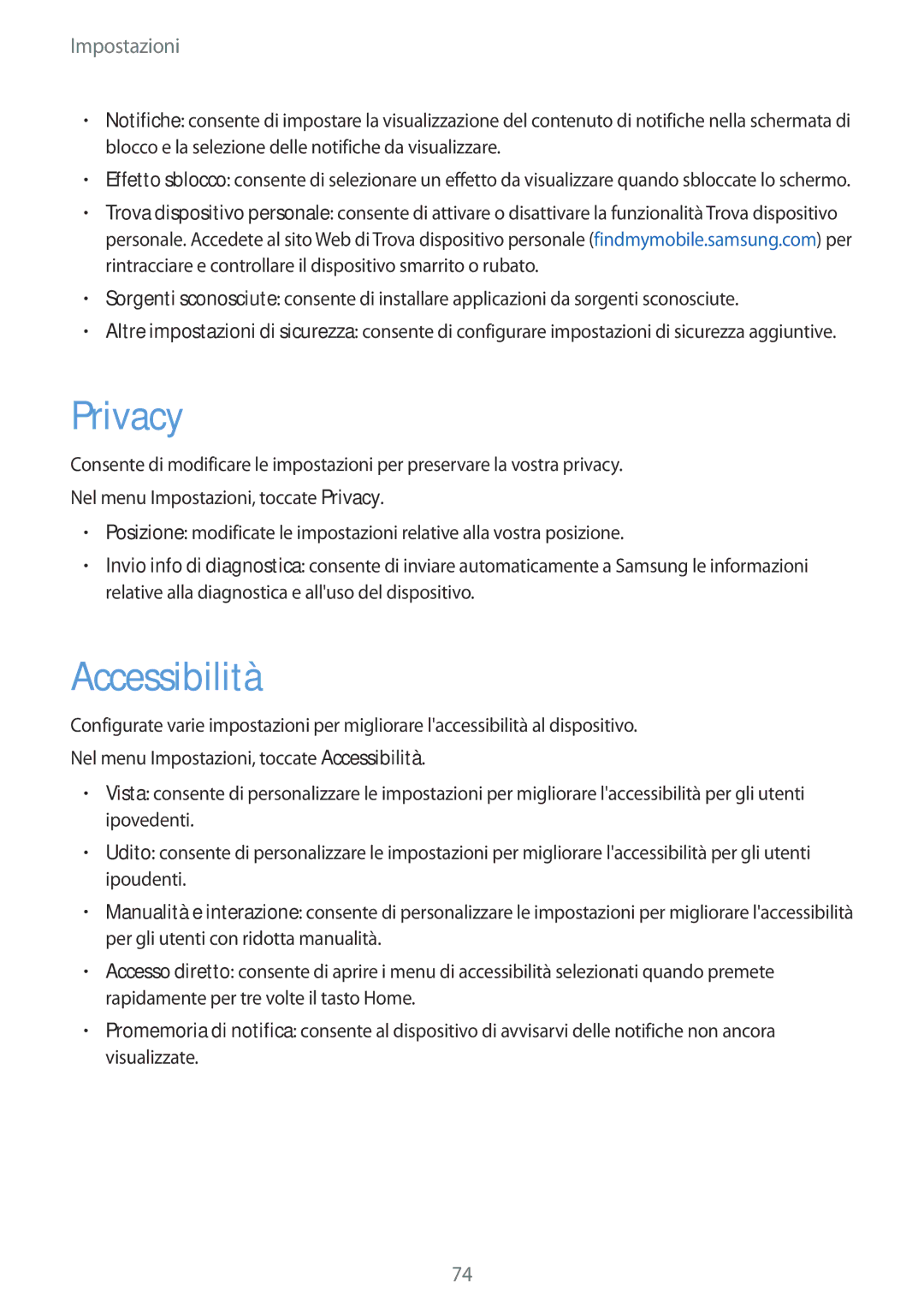 Samsung SM-T285NZKAITV manual Privacy, Accessibilità 