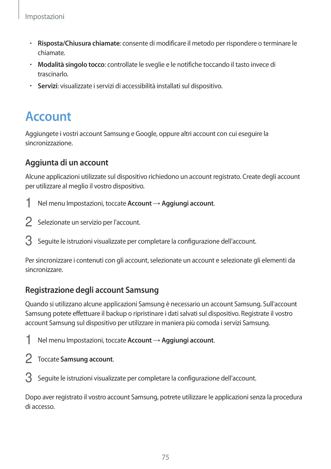 Samsung SM-T285NZKAITV manual Account, Aggiunta di un account, Registrazione degli account Samsung 