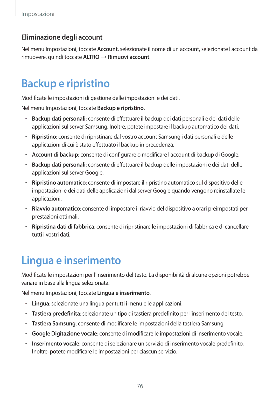 Samsung SM-T285NZKAITV manual Backup e ripristino, Lingua e inserimento, Eliminazione degli account 