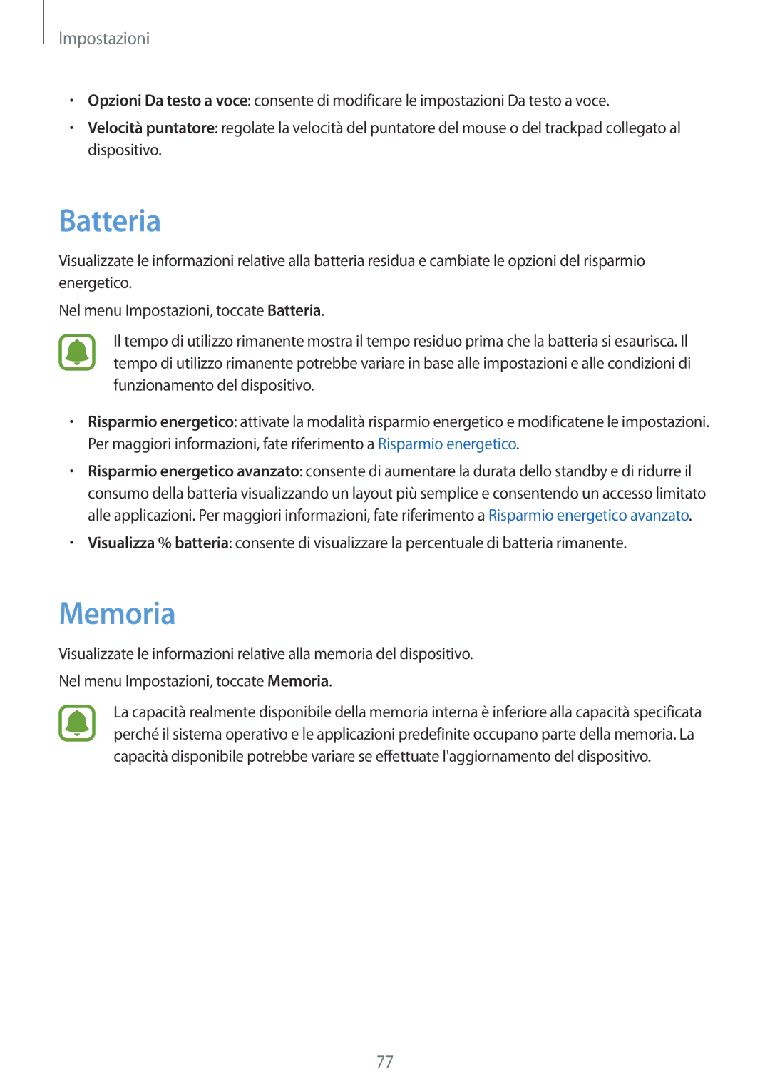 Samsung SM-T285NZKAITV manual Batteria, Memoria 