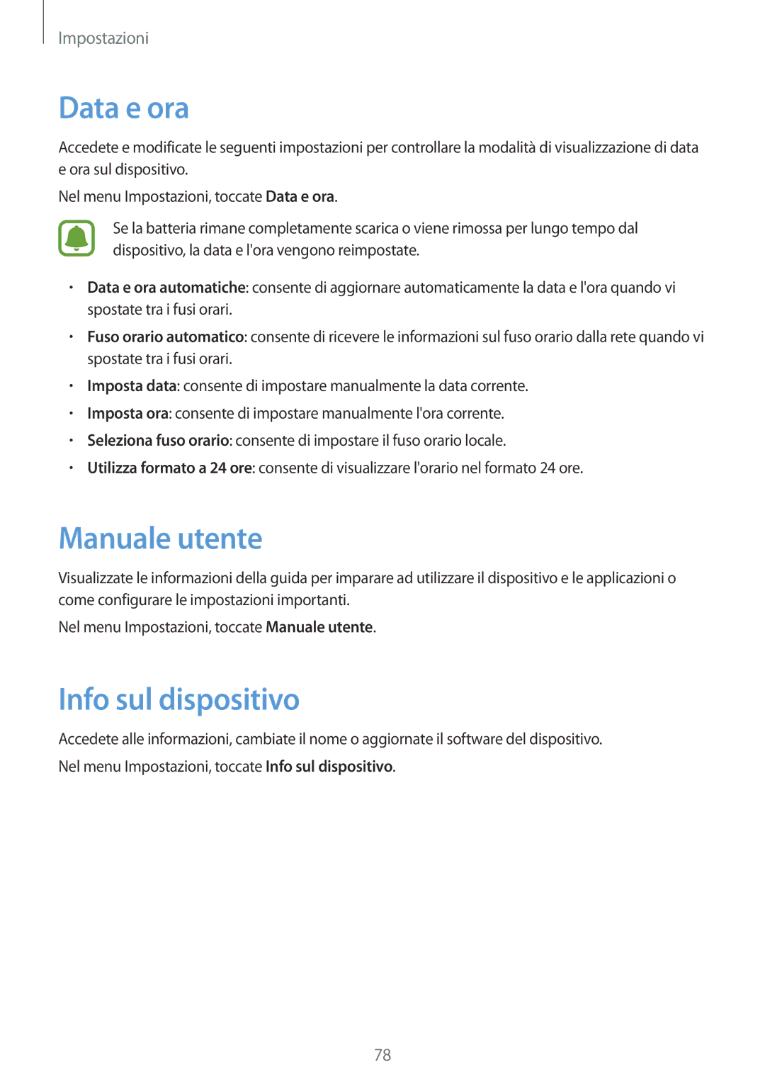 Samsung SM-T285NZKAITV manual Data e ora, Manuale utente, Info sul dispositivo 