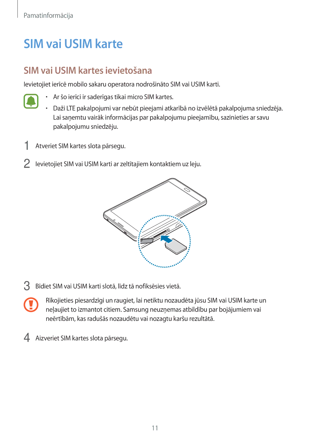 Samsung SM-T285NZKASEB manual SIM vai Usim kartes ievietošana 