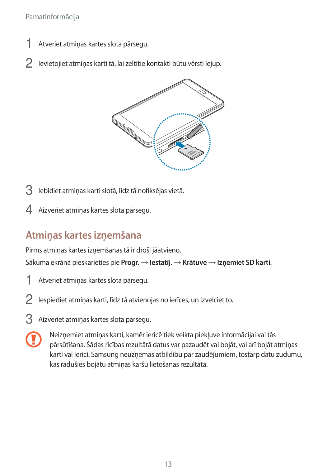 Samsung SM-T285NZKASEB manual Atmiņas kartes izņemšana 