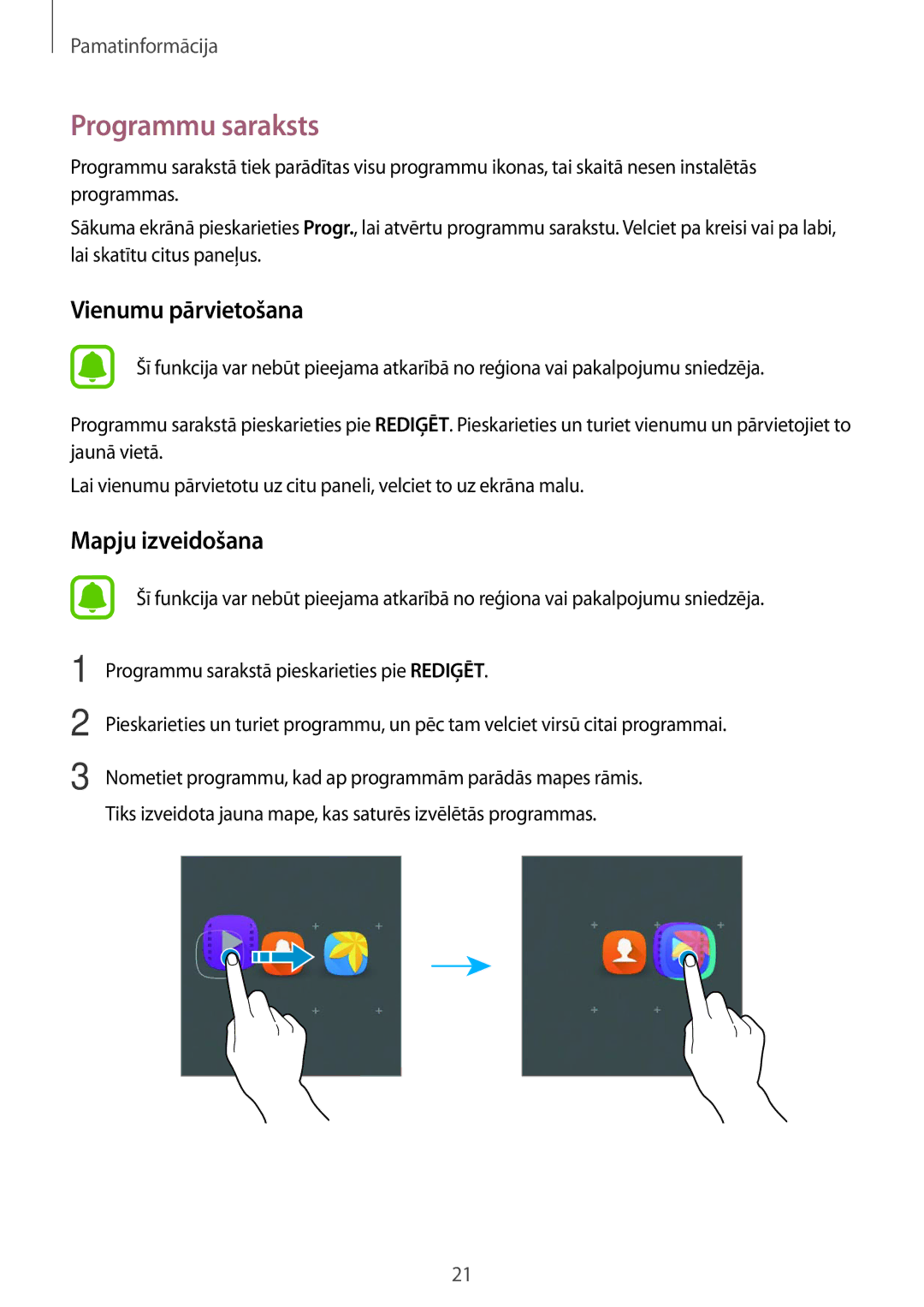 Samsung SM-T285NZKASEB manual Programmu saraksts, Vienumu pārvietošana 