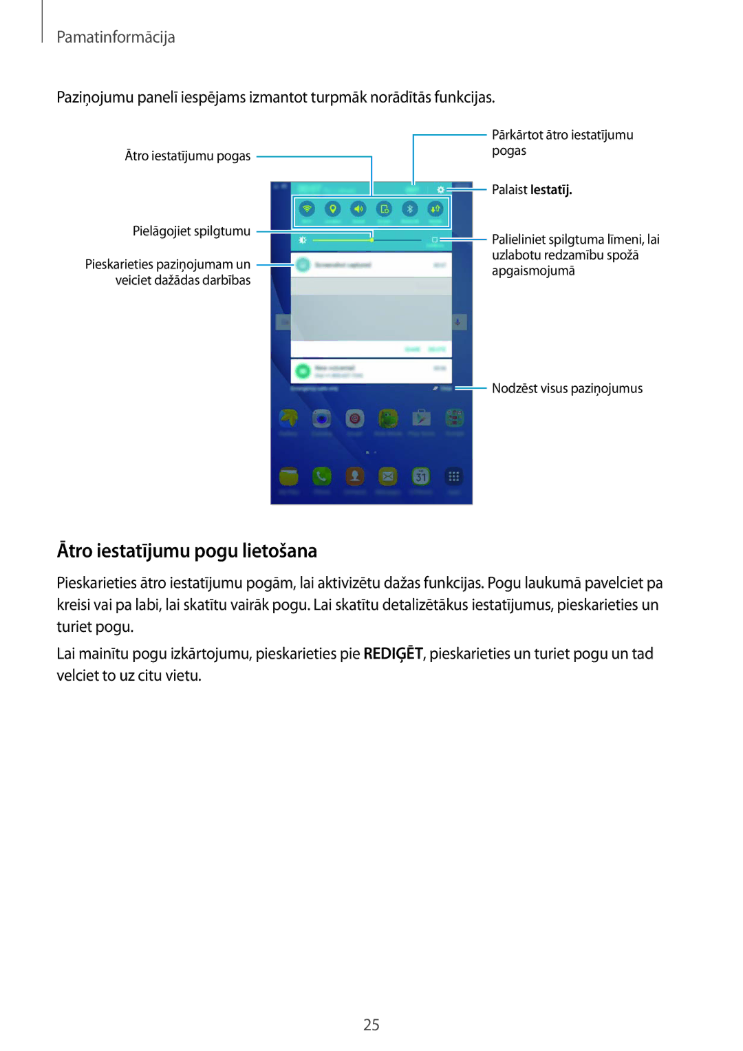 Samsung SM-T285NZKASEB manual Ātro iestatījumu pogu lietošana, Palaist Iestatīj 