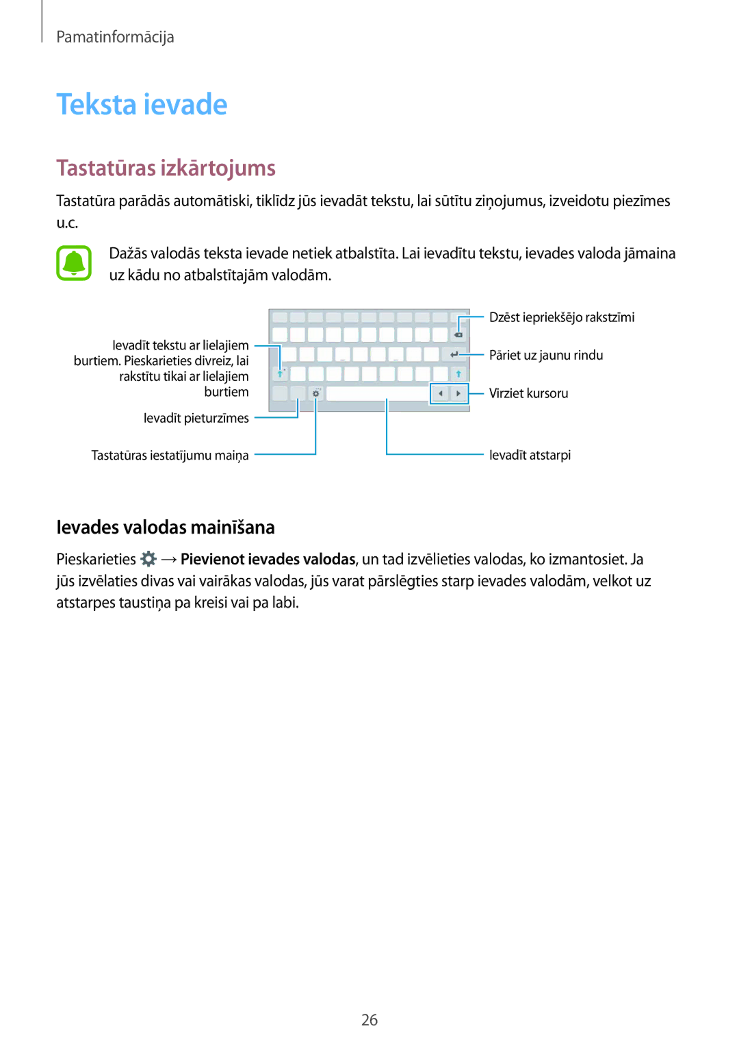 Samsung SM-T285NZKASEB manual Teksta ievade, Tastatūras izkārtojums, Ievades valodas mainīšana 