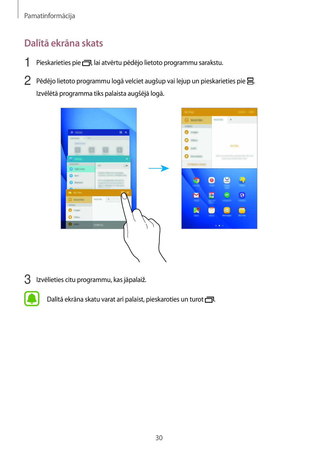 Samsung SM-T285NZKASEB manual Dalītā ekrāna skats 