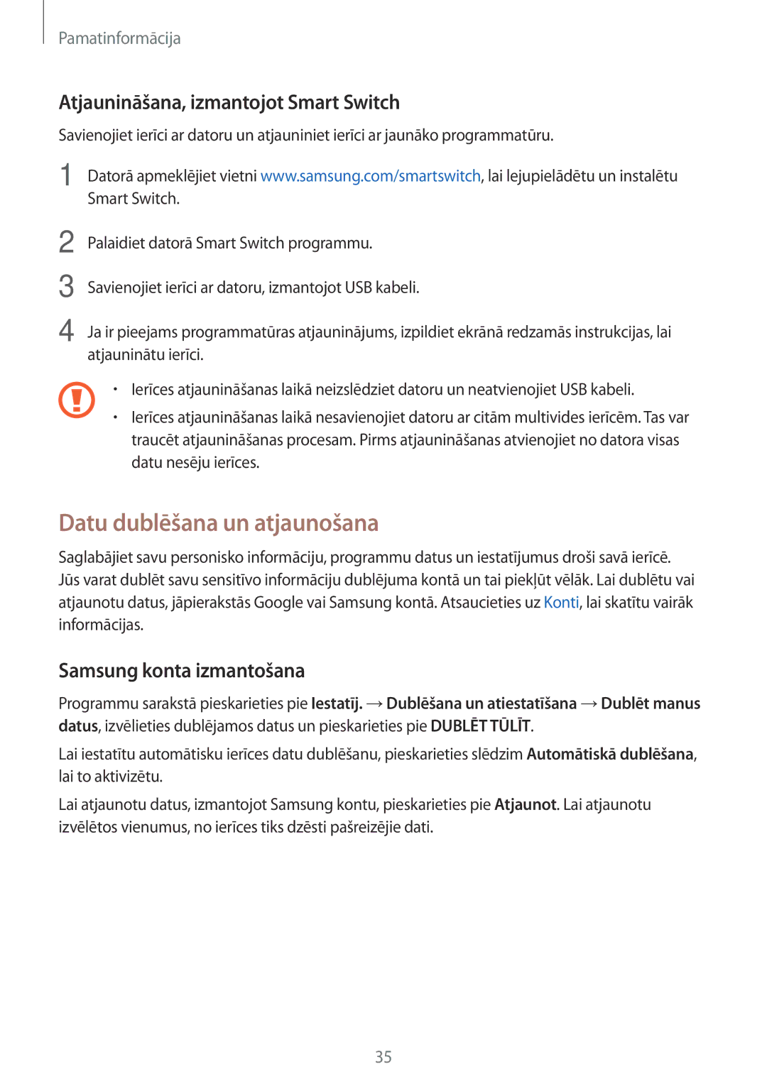 Samsung SM-T285NZKASEB Datu dublēšana un atjaunošana, Atjaunināšana, izmantojot Smart Switch, Samsung konta izmantošana 