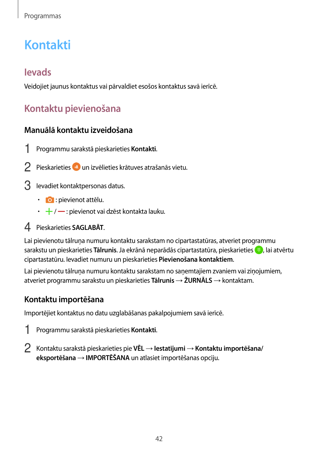 Samsung SM-T285NZKASEB manual Kontakti, Kontaktu pievienošana, Manuālā kontaktu izveidošana, Kontaktu importēšana 