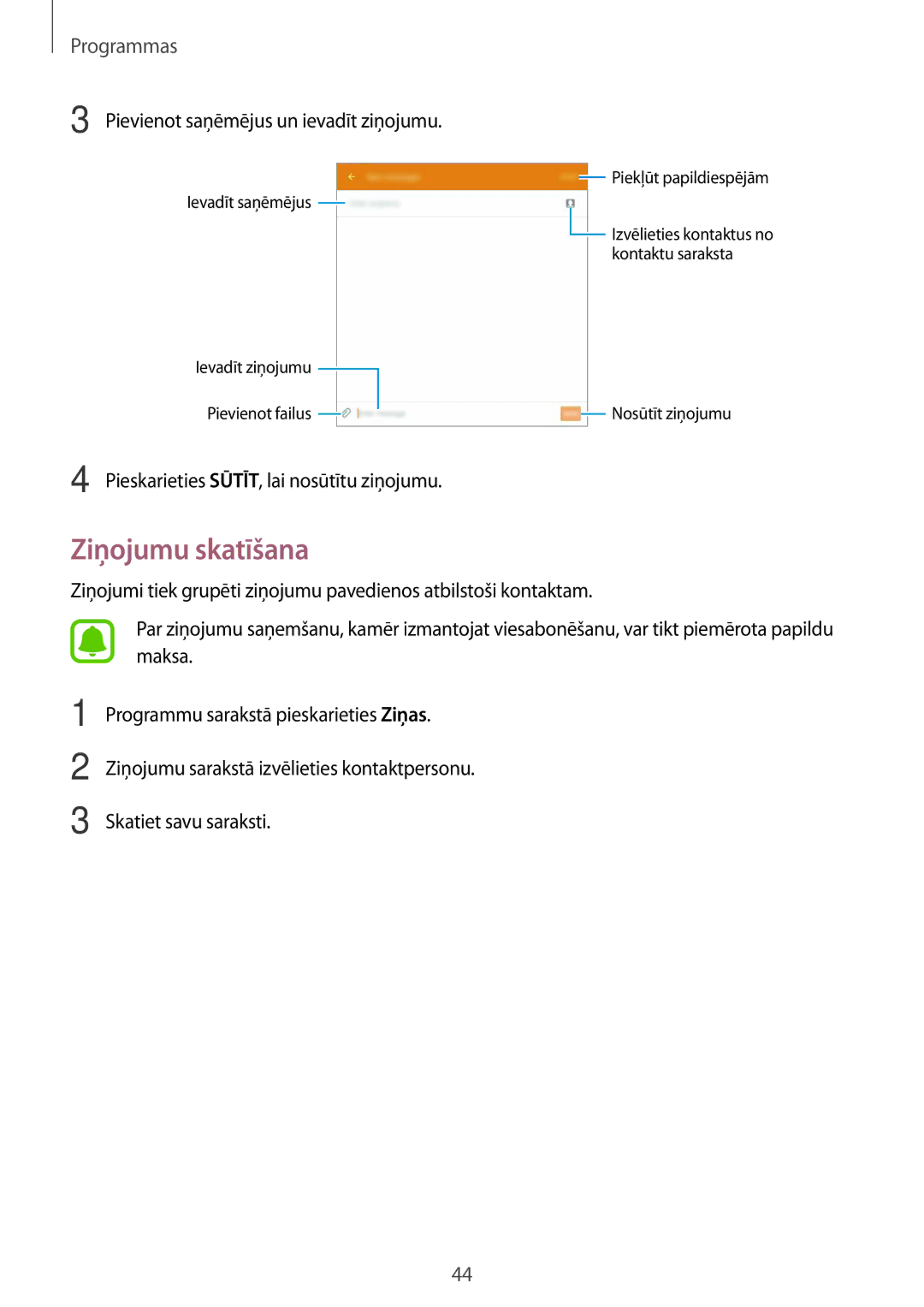 Samsung SM-T285NZKASEB manual Ziņojumu skatīšana, Pievienot saņēmējus un ievadīt ziņojumu 