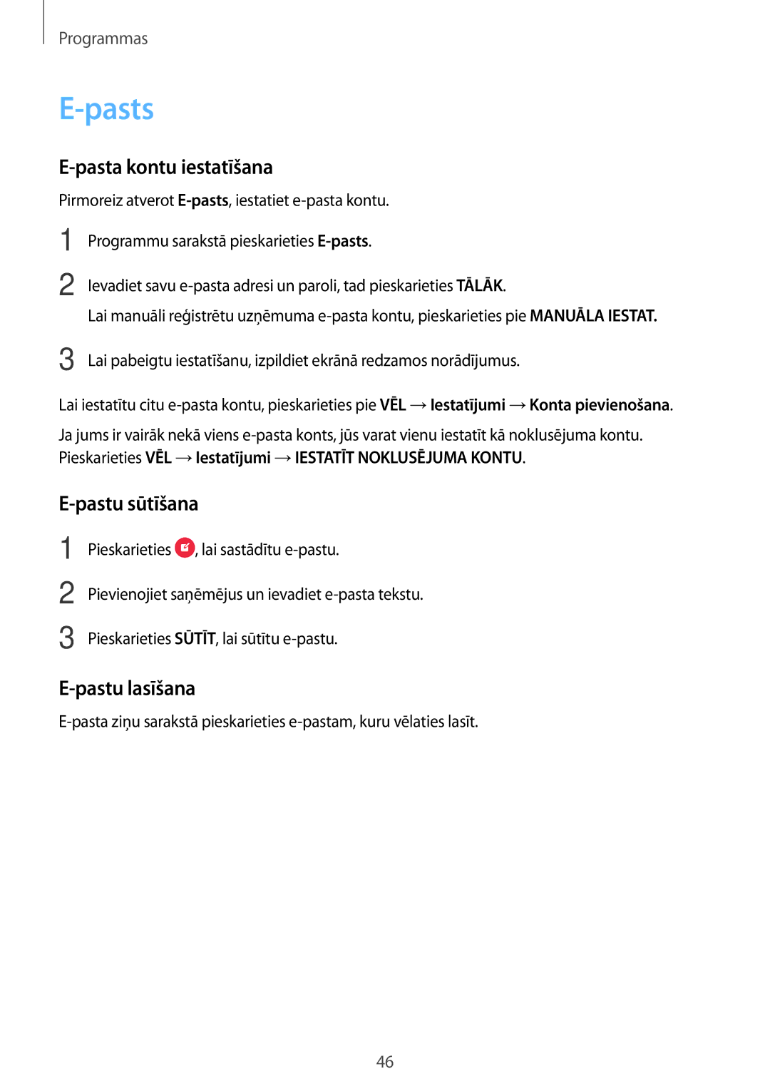 Samsung SM-T285NZKASEB manual Pasts, Pasta kontu iestatīšana, Pastu sūtīšana, Pastu lasīšana 