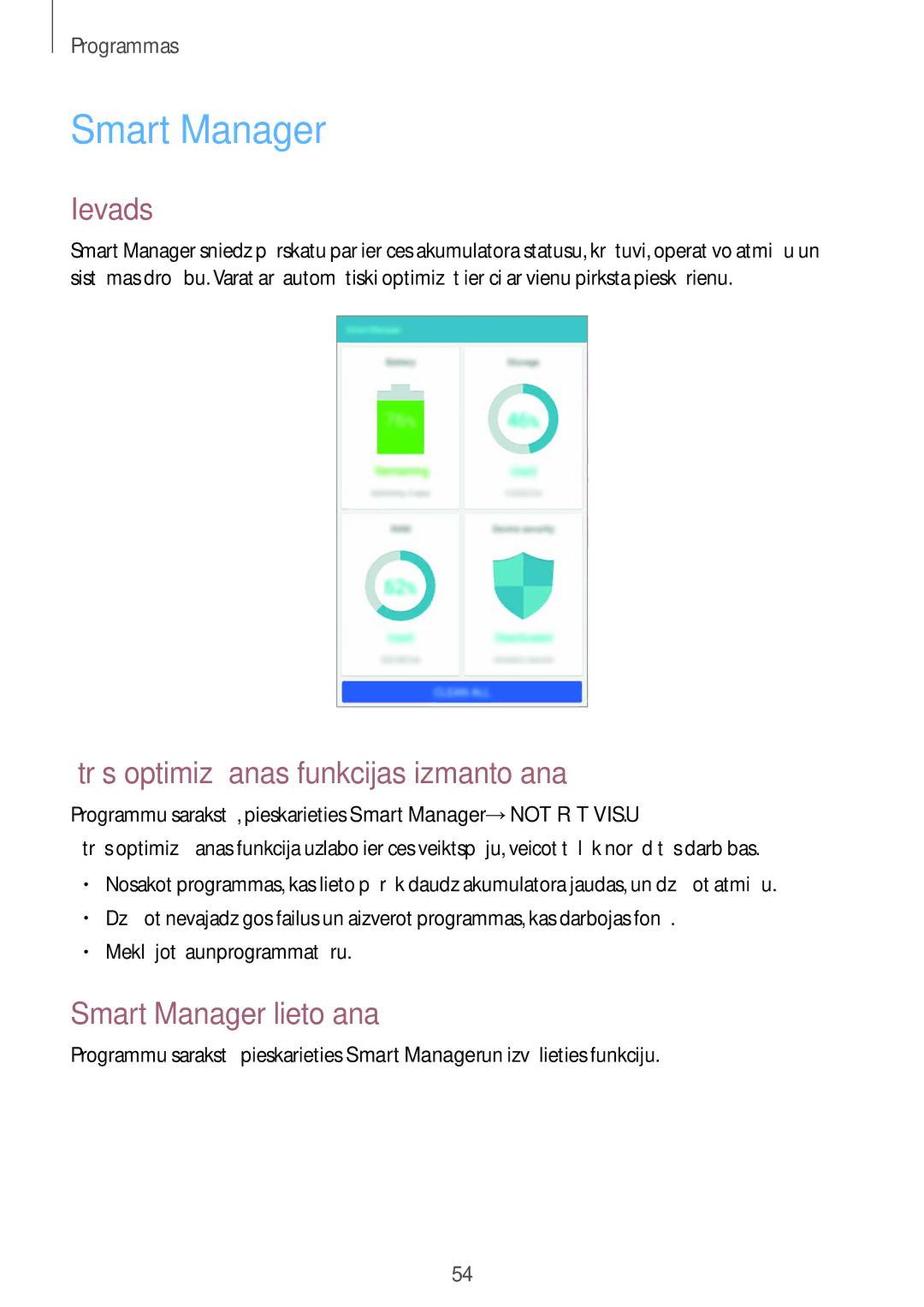 Samsung SM-T285NZKASEB manual Ātrās optimizēšanas funkcijas izmantošana, Smart Manager lietošana 