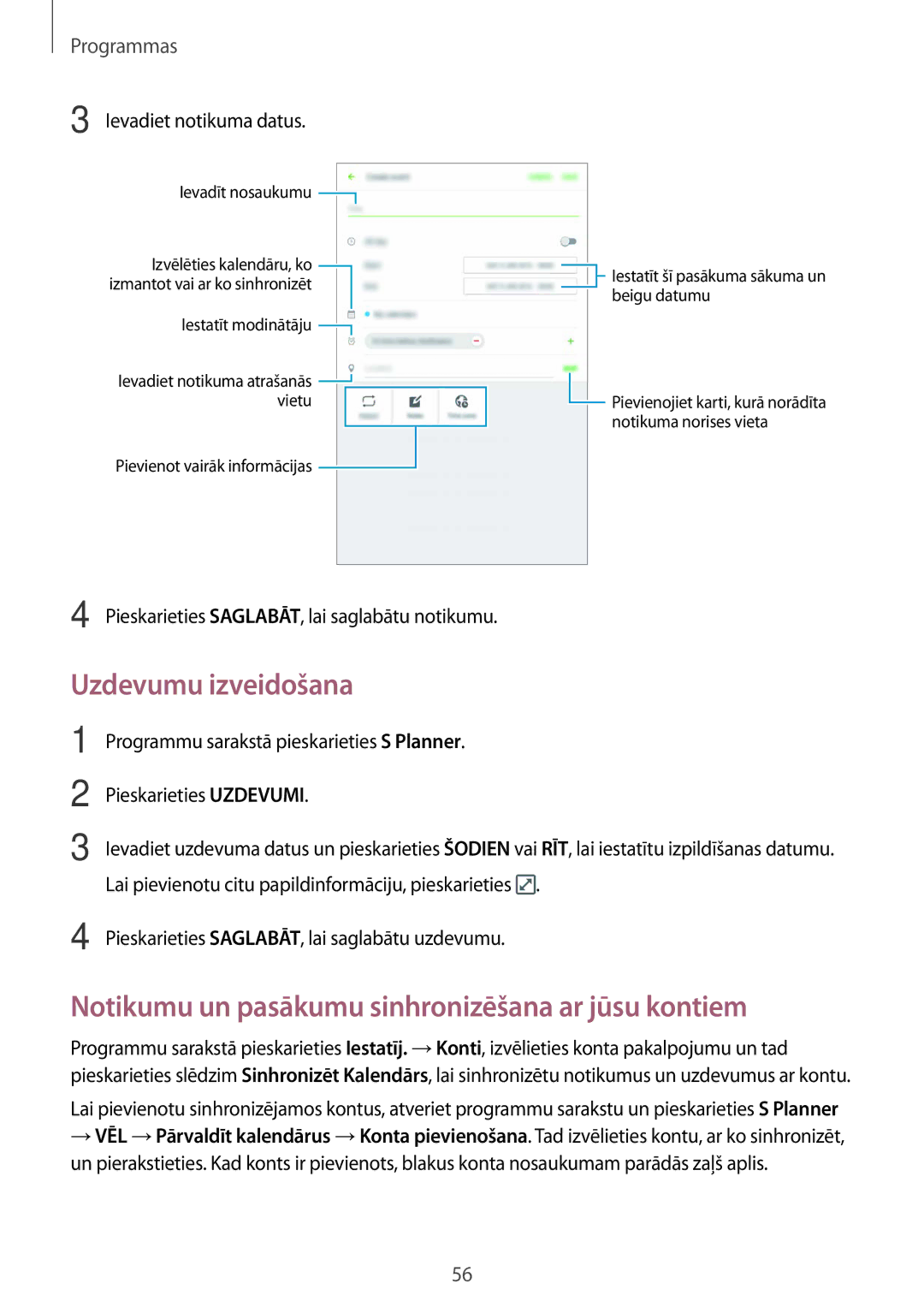 Samsung SM-T285NZKASEB manual Uzdevumu izveidošana, Notikumu un pasākumu sinhronizēšana ar jūsu kontiem 