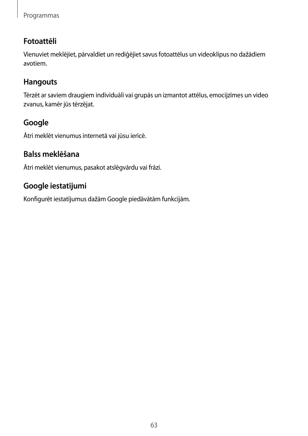 Samsung SM-T285NZKASEB manual Fotoattēli, Hangouts, Balss meklēšana, Google iestatījumi 