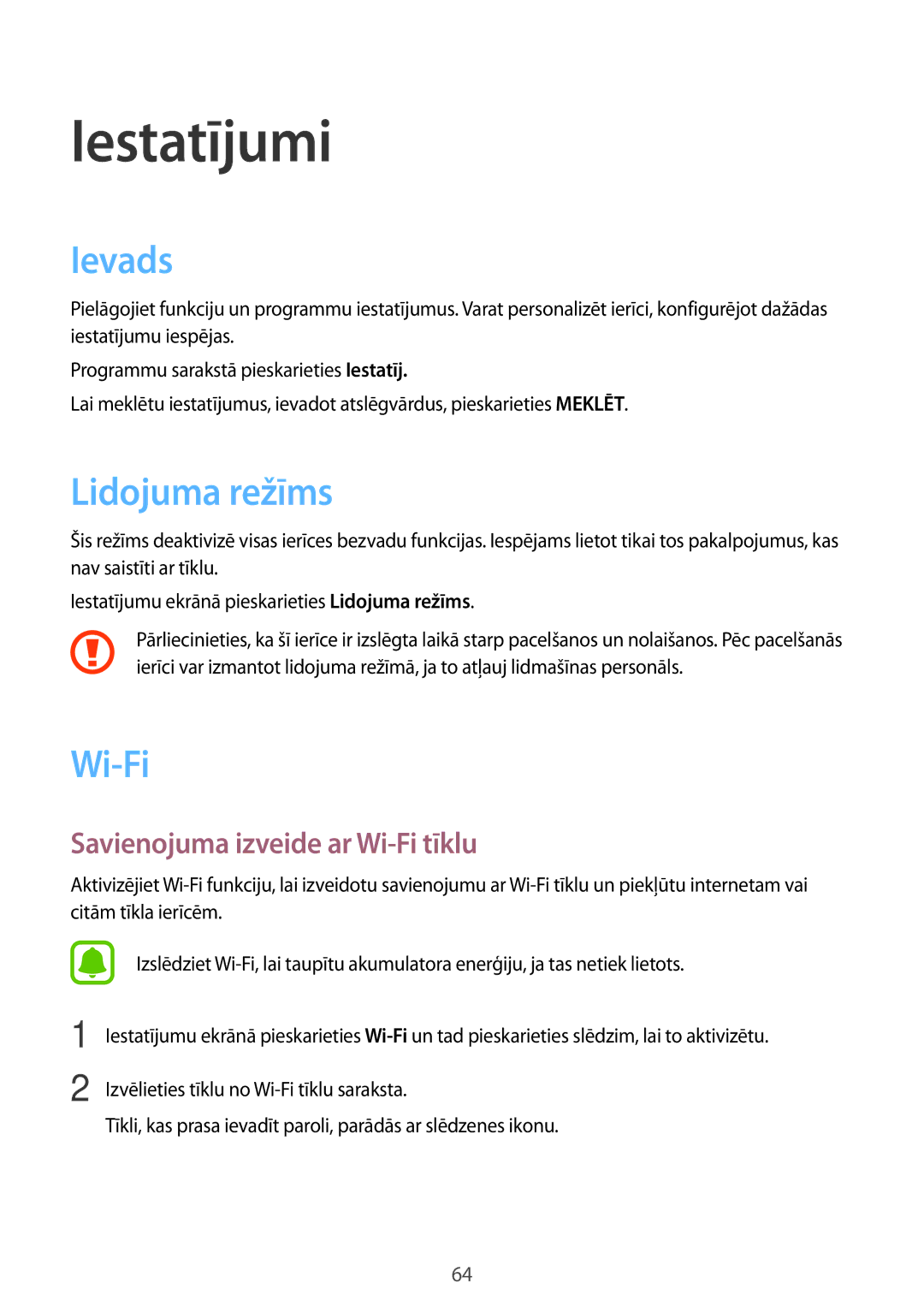 Samsung SM-T285NZKASEB manual Ievads, Lidojuma režīms, Savienojuma izveide ar Wi-Fi tīklu 