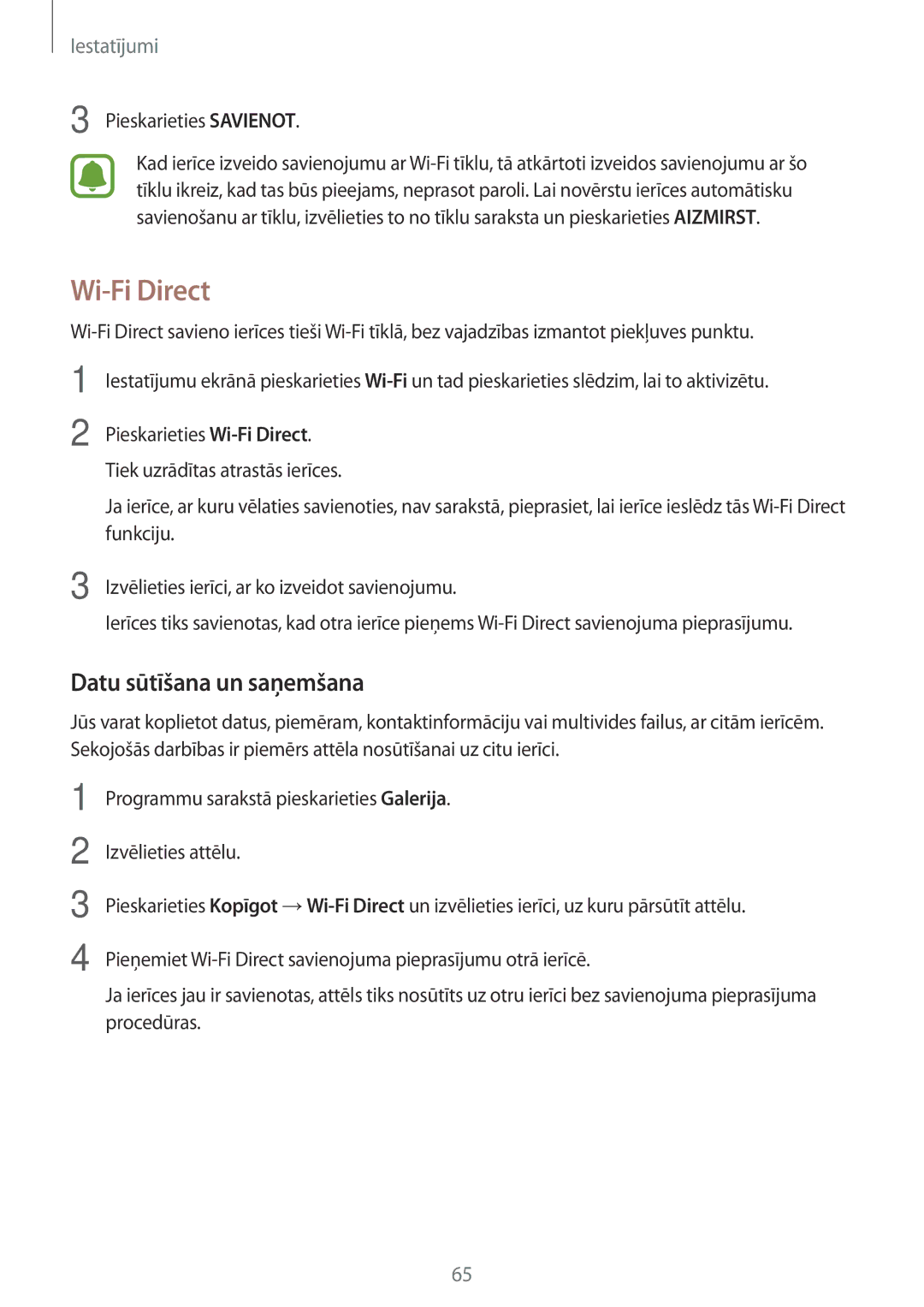 Samsung SM-T285NZKASEB manual Wi-Fi Direct, Datu sūtīšana un saņemšana 