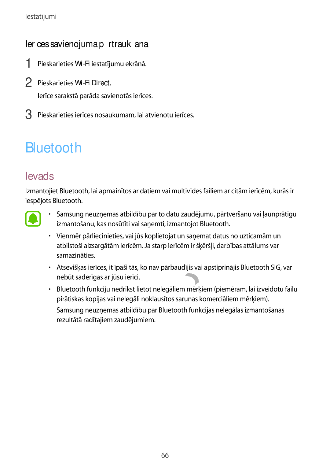 Samsung SM-T285NZKASEB manual Bluetooth, Ierīces savienojuma pārtraukšana 