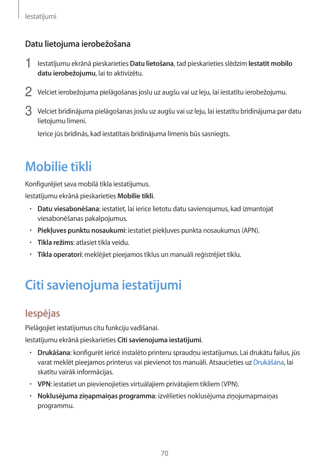 Samsung SM-T285NZKASEB manual Mobilie tīkli, Citi savienojuma iestatījumi, Iespējas, Datu lietojuma ierobežošana 