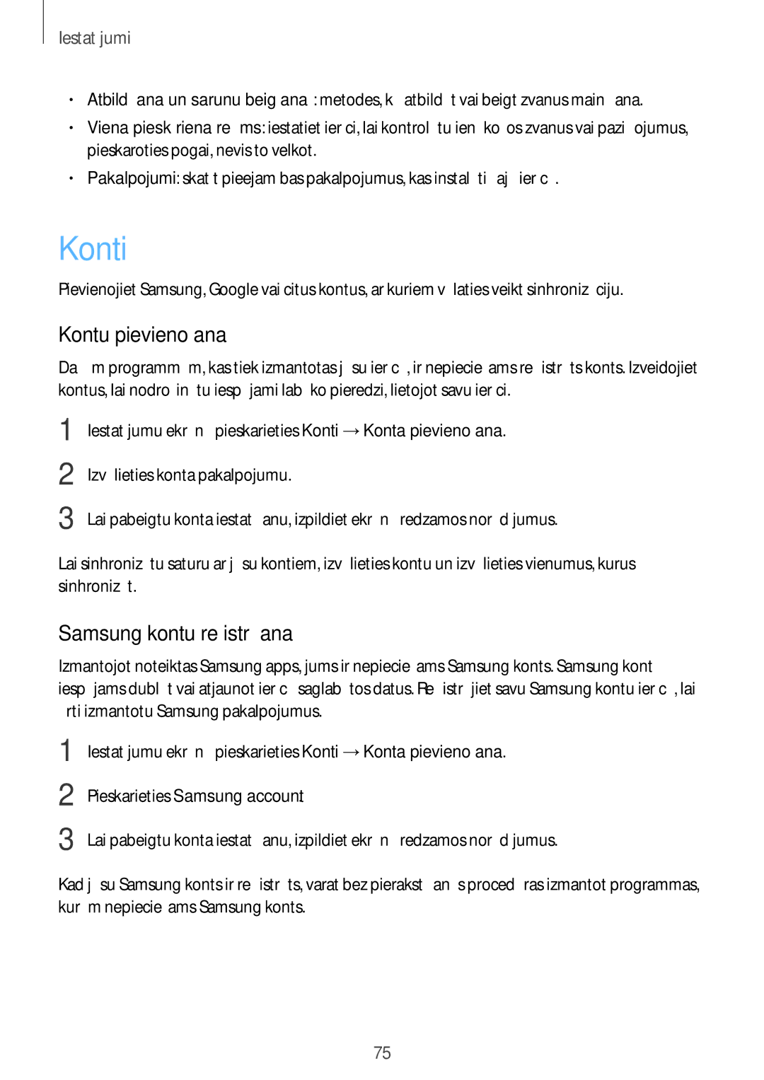 Samsung SM-T285NZKASEB manual Konti, Kontu pievienošana, Samsung kontu reģistrēšana 