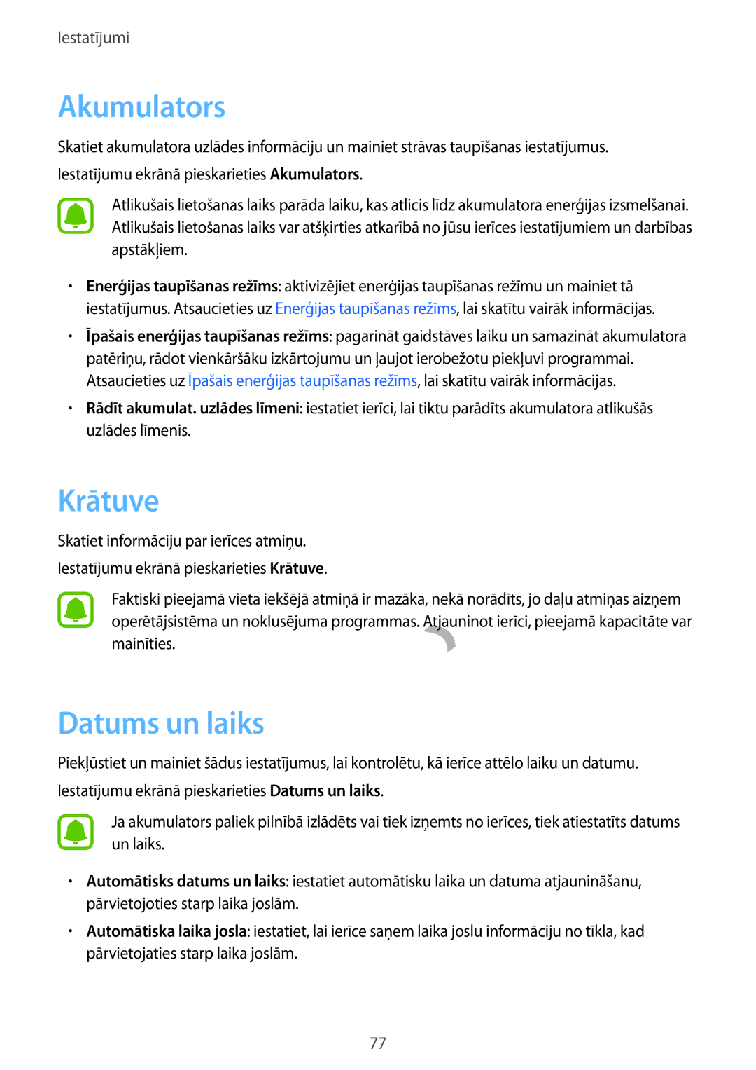 Samsung SM-T285NZKASEB manual Krātuve, Datums un laiks 