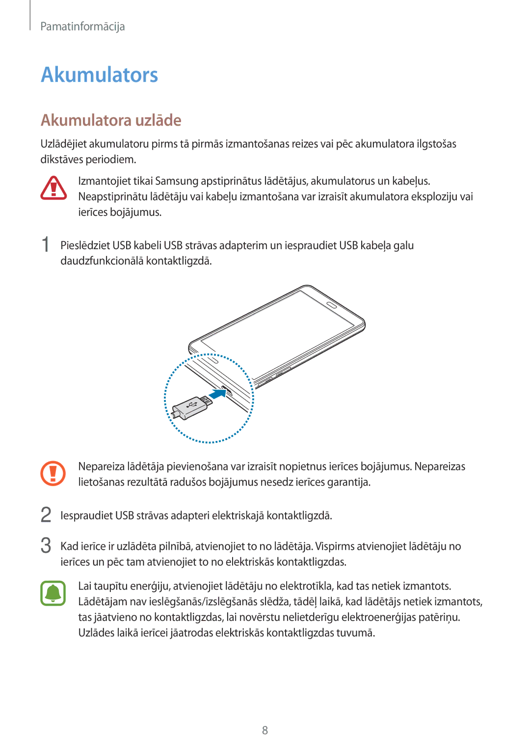 Samsung SM-T285NZKASEB manual Akumulators, Akumulatora uzlāde 