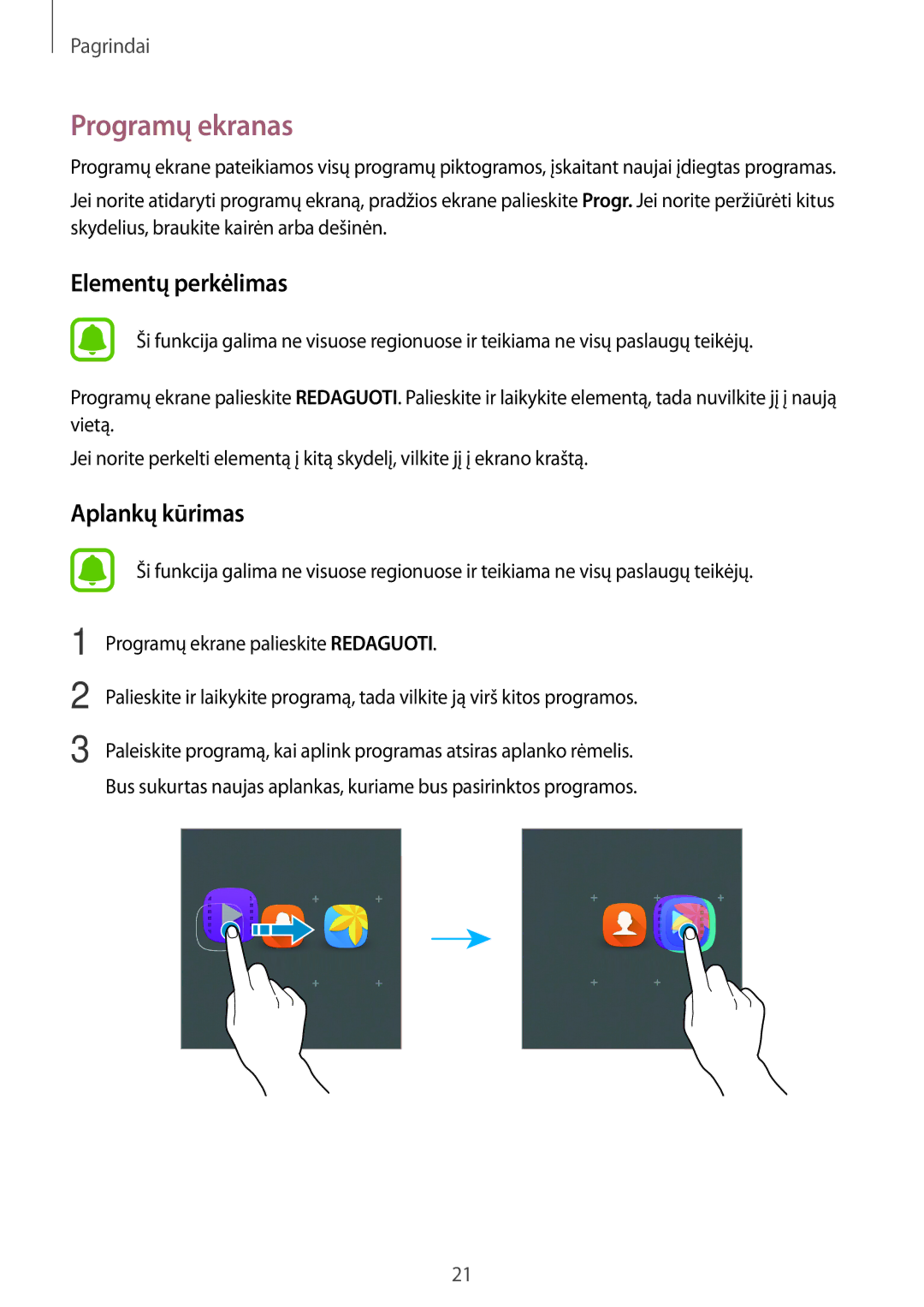 Samsung SM-T285NZKASEB manual Programų ekranas, Elementų perkėlimas 