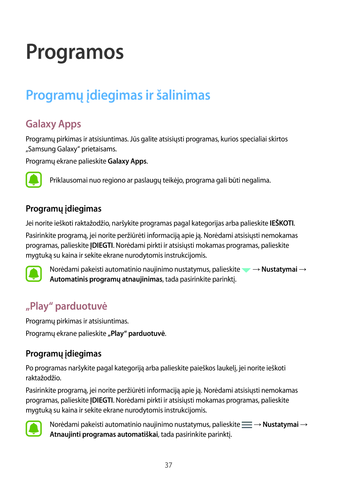 Samsung SM-T285NZKASEB manual Programų įdiegimas ir šalinimas, Galaxy Apps, „Play parduotuvė 