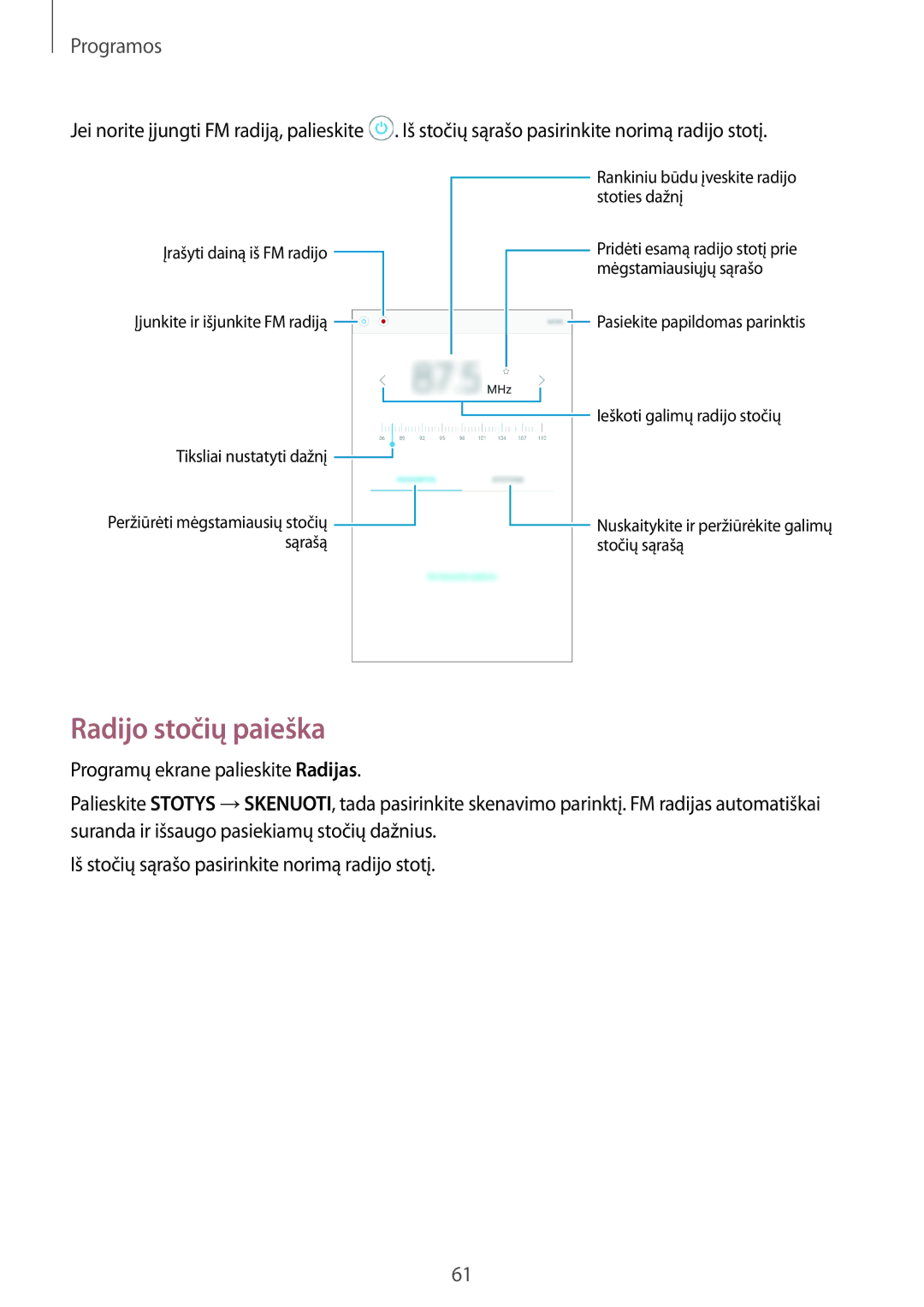 Samsung SM-T285NZKASEB manual Radijo stočių paieška 