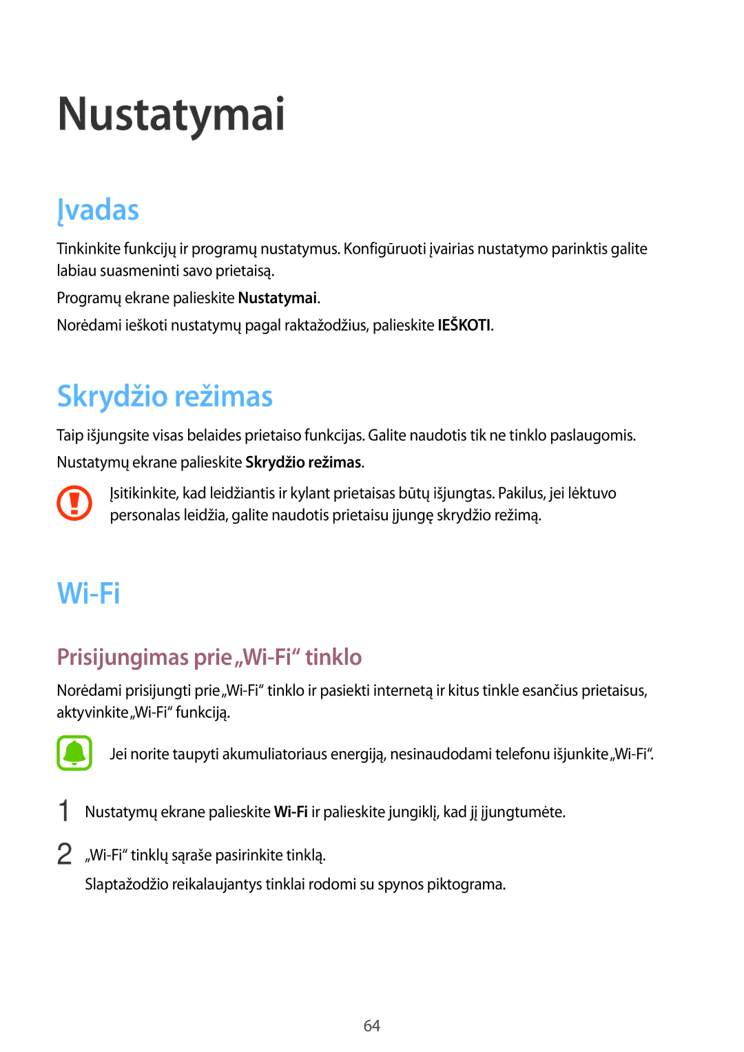 Samsung SM-T285NZKASEB manual Įvadas, Skrydžio režimas, Prisijungimas prie„Wi-Fi tinklo 