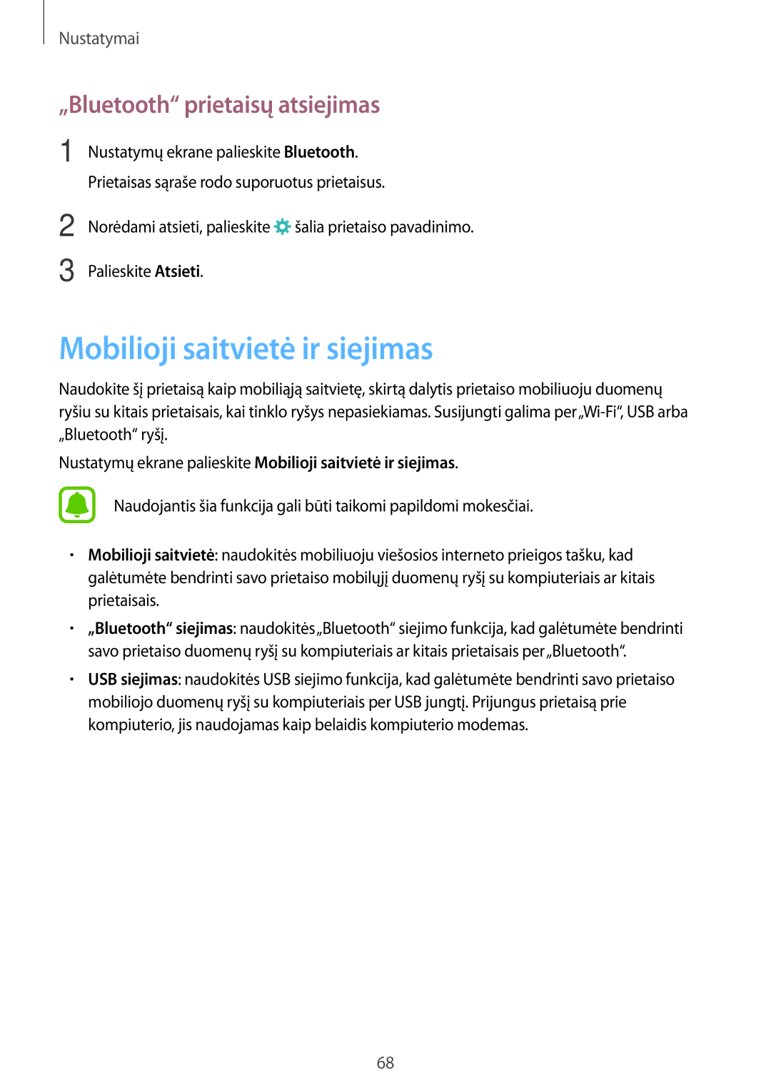 Samsung SM-T285NZKASEB manual Mobilioji saitvietė ir siejimas, „Bluetooth prietaisų atsiejimas 