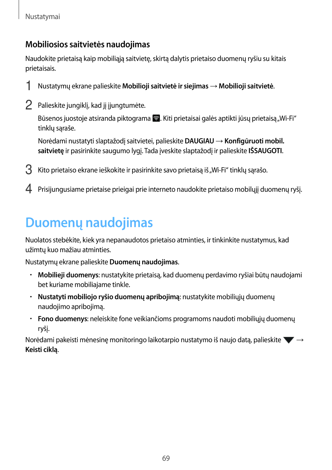 Samsung SM-T285NZKASEB manual Duomenų naudojimas, Mobiliosios saitvietės naudojimas 