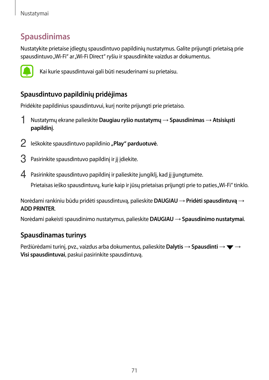 Samsung SM-T285NZKASEB manual Spausdinimas, Spausdintuvo papildinių pridėjimas, Spausdinamas turinys 