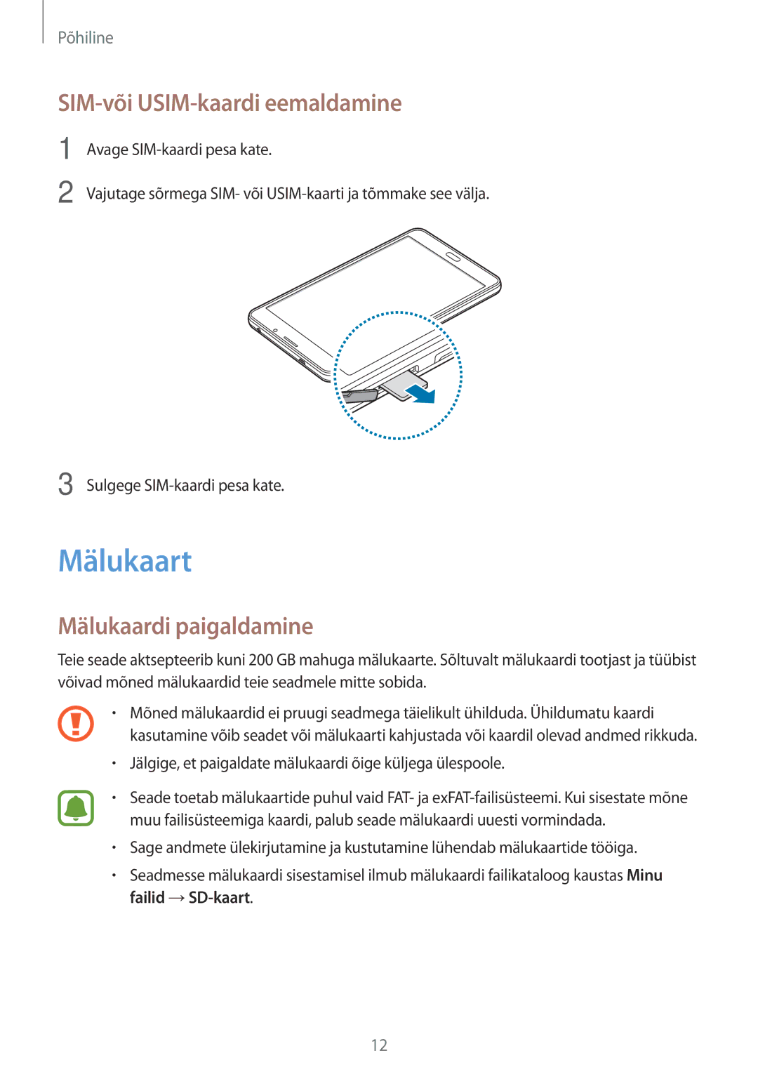 Samsung SM-T285NZKASEB manual Mälukaart, SIM-või USIM-kaardi eemaldamine, Mälukaardi paigaldamine 